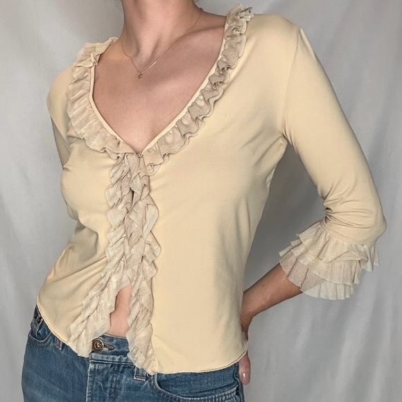 Moschino Jeans Beige Mesh Ruffle Trim Cardi/Blouse - Picture 1 of 11
